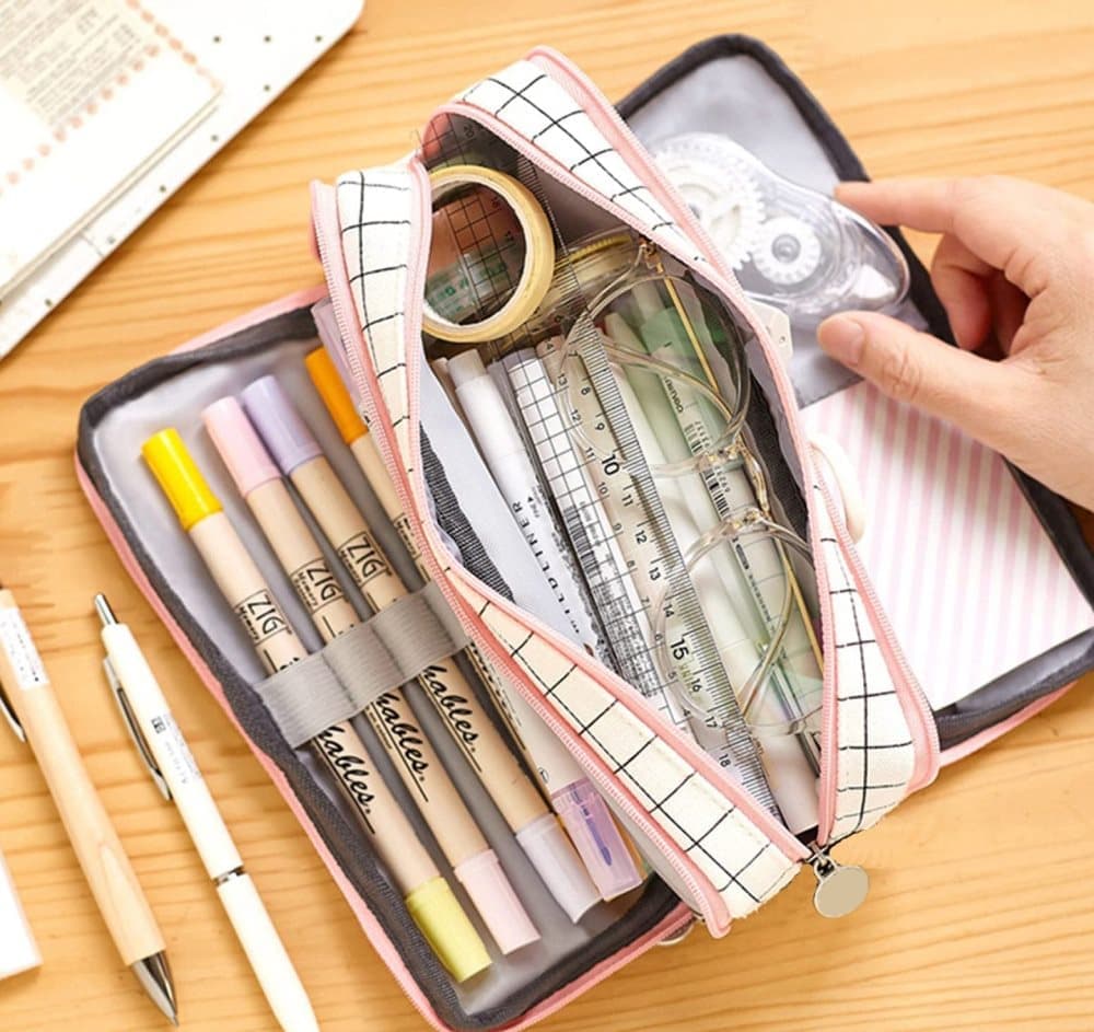 White Spacious Pencil Case with 3 Compartments, School Pencil Bag, Multifunctional Holder