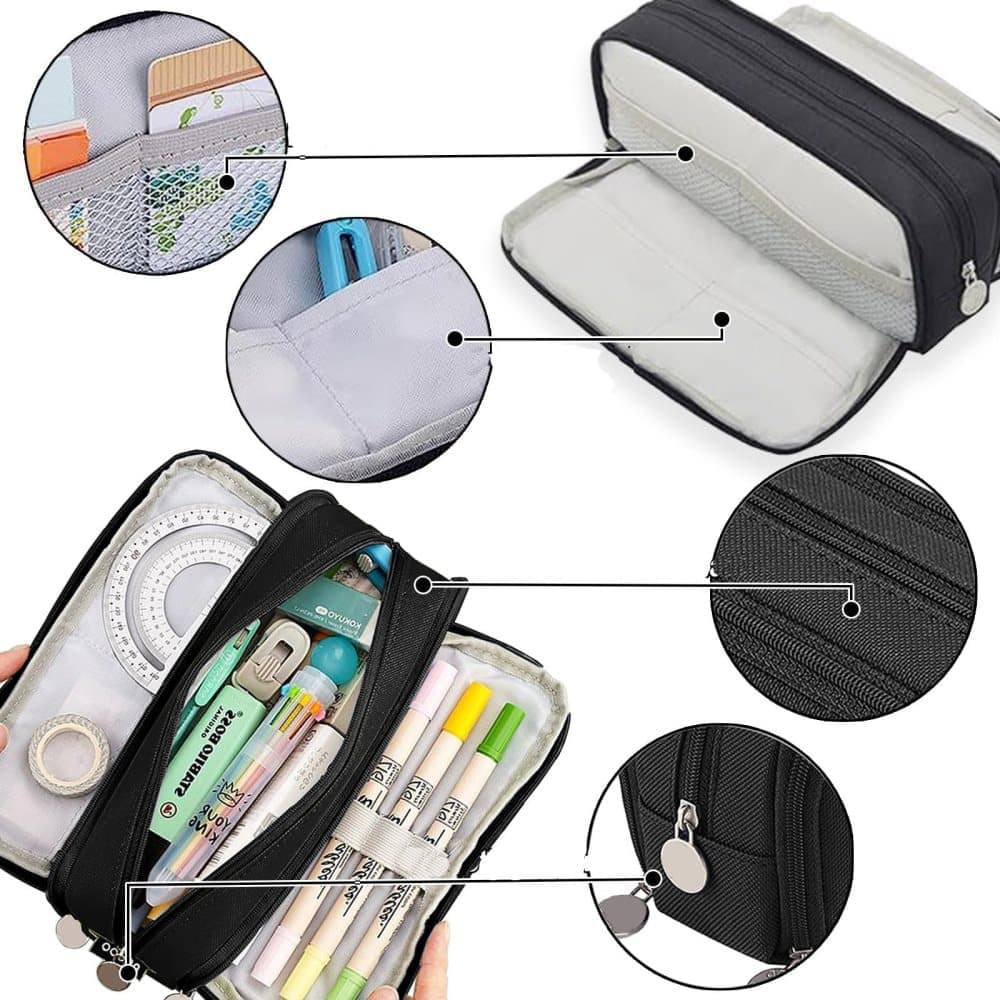 Blue Spacious Pencil Case with 3 Compartments, School Pencil Bag, Multifunctional Holder