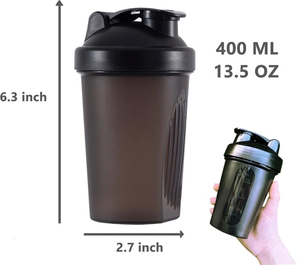400 ml Protein Shaker, Leak-proof Water Bottle with Stainless Steel Strainer and Measuring Scale, Black