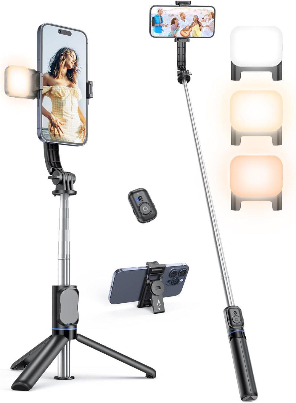 106cm Adjustable Selfie Light Tripod Stand with Bluetooth Remote, Removable Clamp, 360° Fill Light, Compatible with iPhone Samsung