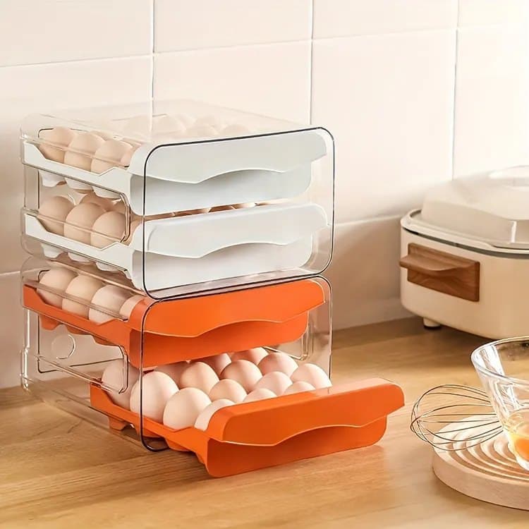 32-pcs XL Egg Storage Container, White, Transparent Double Layer Egg Holder for Refrigerator, Stackable Egg Dispenser