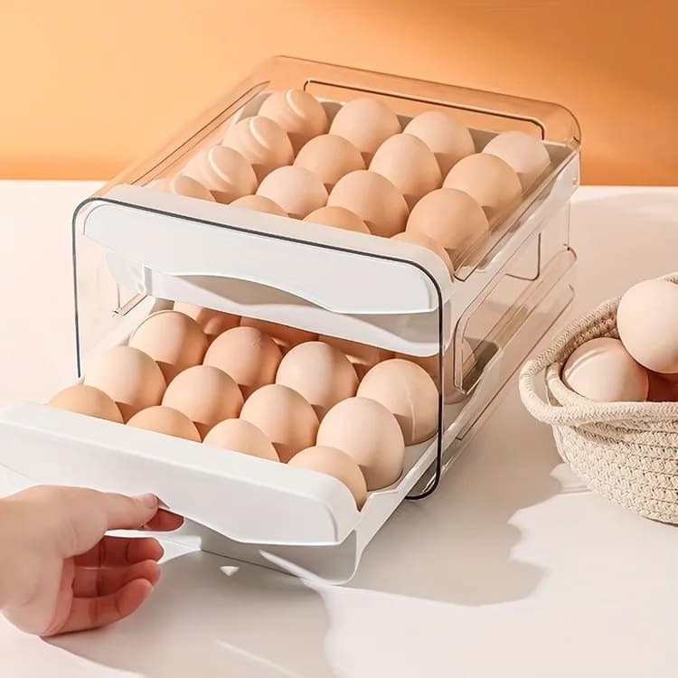 32-pcs XL Egg Storage Container for Refrigerator, Double Layer Transparent Egg Holder Dispenser, Stackable, Gray