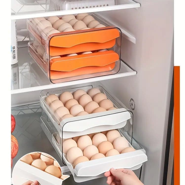 32-pcs XL Egg Storage Container for Refrigerator, Double Layer Transparent Egg Holder Dispenser, Stackable, Gray