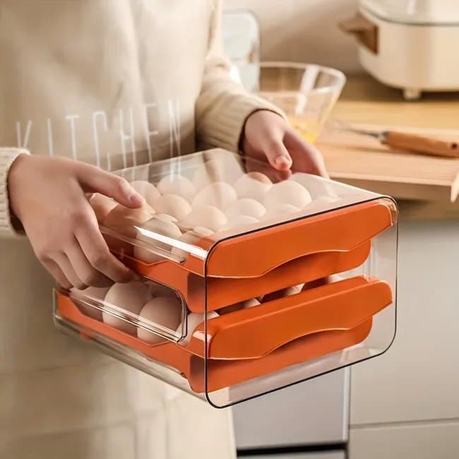32-pcs XL Egg Storage Container for Refrigerator, Double Layer Transparent Egg Holder Dispenser, Stackable, Gray