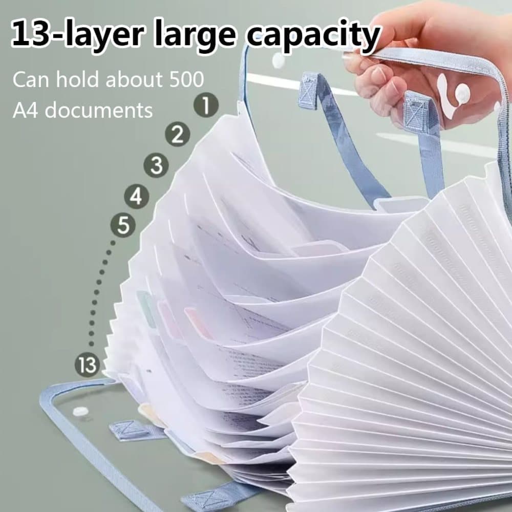 13 Compartments A4 Document Folder, Blue, Waterproof with Snaps, for School and Home, Compatible with Office Supplies, A4 Size