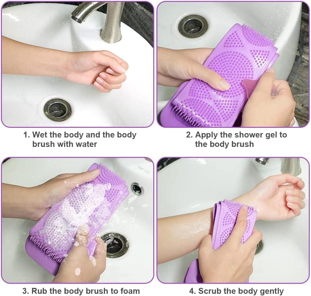 Soft Exfoliating Silicone Body Brush for Women and Men, with Massage Particles, Purple