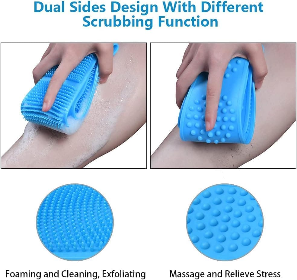 Silicone Body Brush Back Scrubber for Women and Men, Soft Exfoliating Bath Shower Brush with Massage Particles, Blue