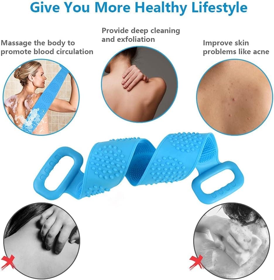Silicone Body Brush Back Scrubber for Women and Men, Soft Exfoliating Bath Shower Brush with Massage Particles, Blue