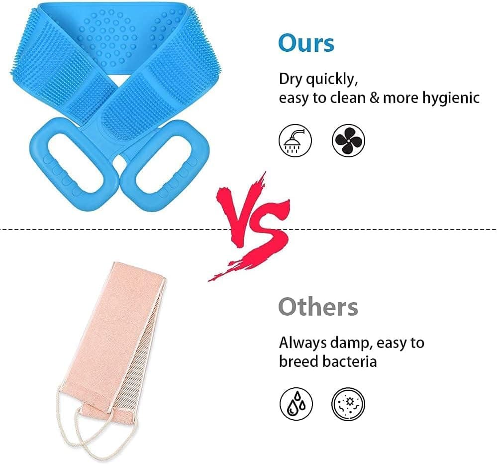 Silicone Body Brush Back Scrubber for Women and Men, Soft Exfoliating Bath Shower Brush with Massage Particles, Blue