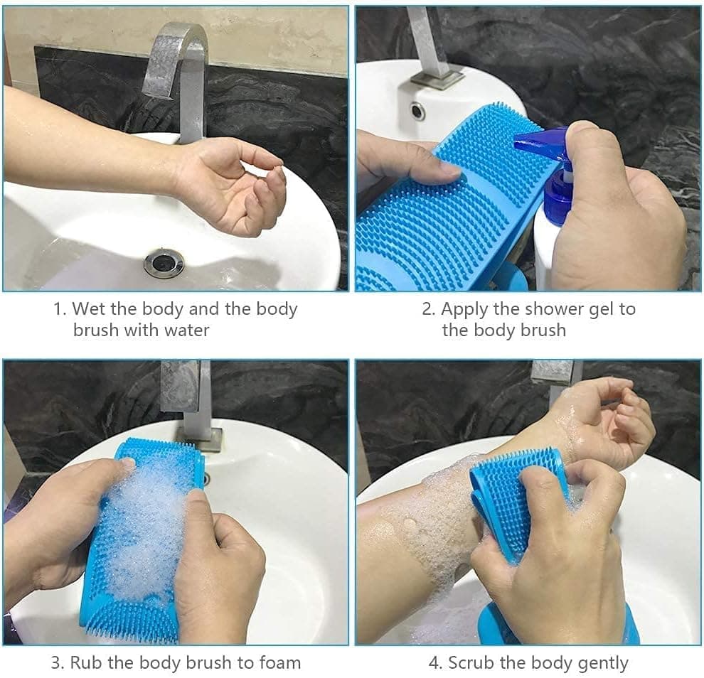 Silicone Body Brush Back Scrubber for Women and Men, Soft Exfoliating Bath Shower Brush with Massage Particles, Blue