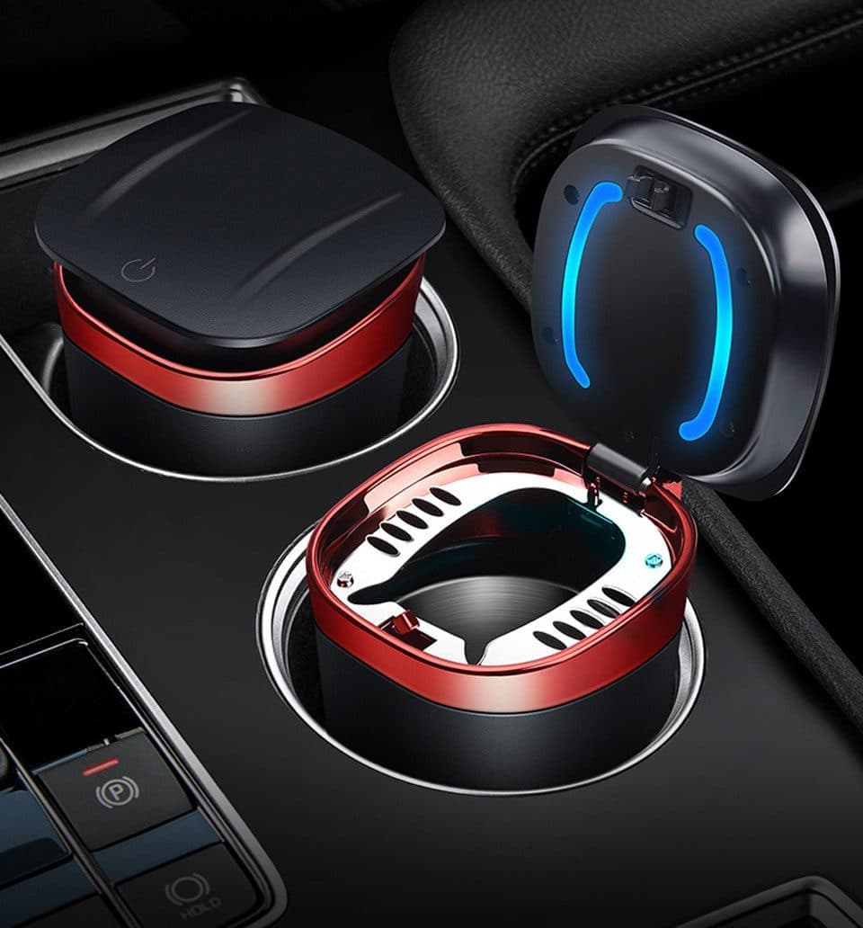 Portable LED Ashtray with Lid, Odorless Automatic Extinguishing Car Ashtray, Compatible with All Brands, Black