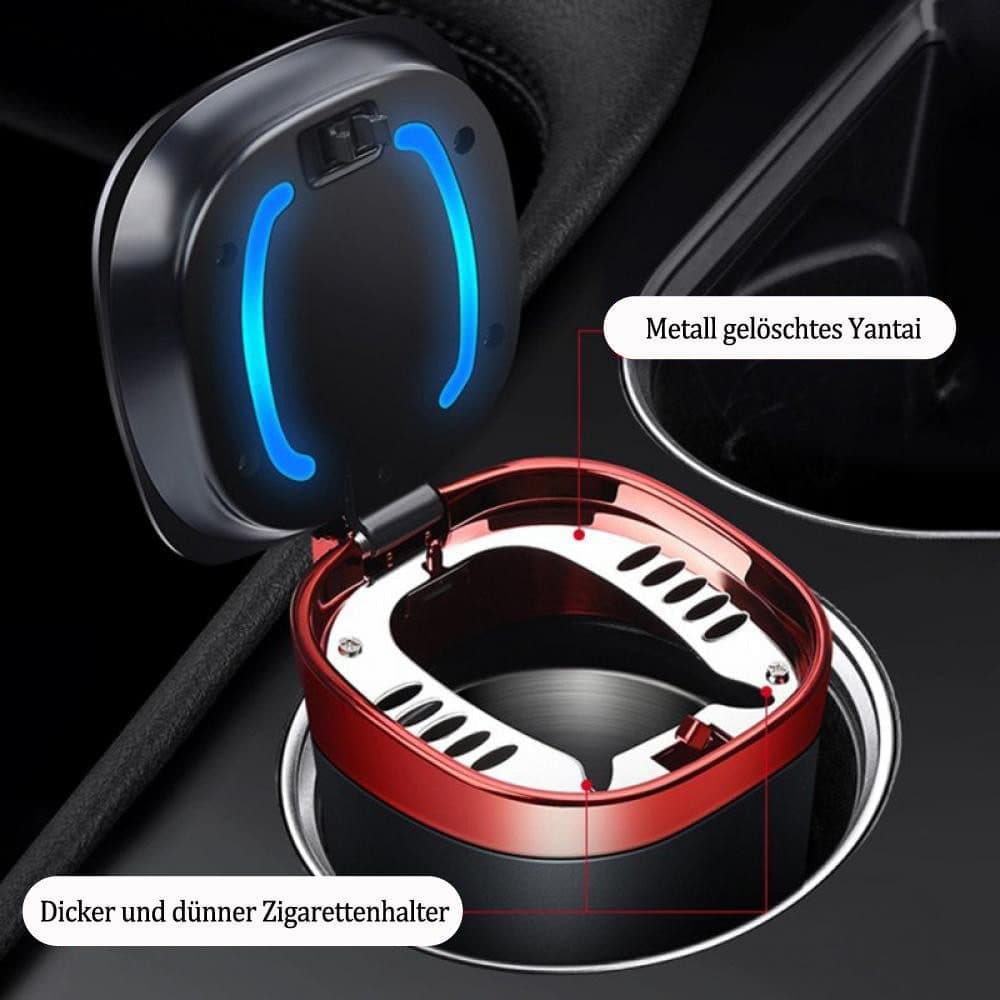 Portable Car Ashtray with Lid, Odorless Automatic Extinguishing & LED Light, Silver