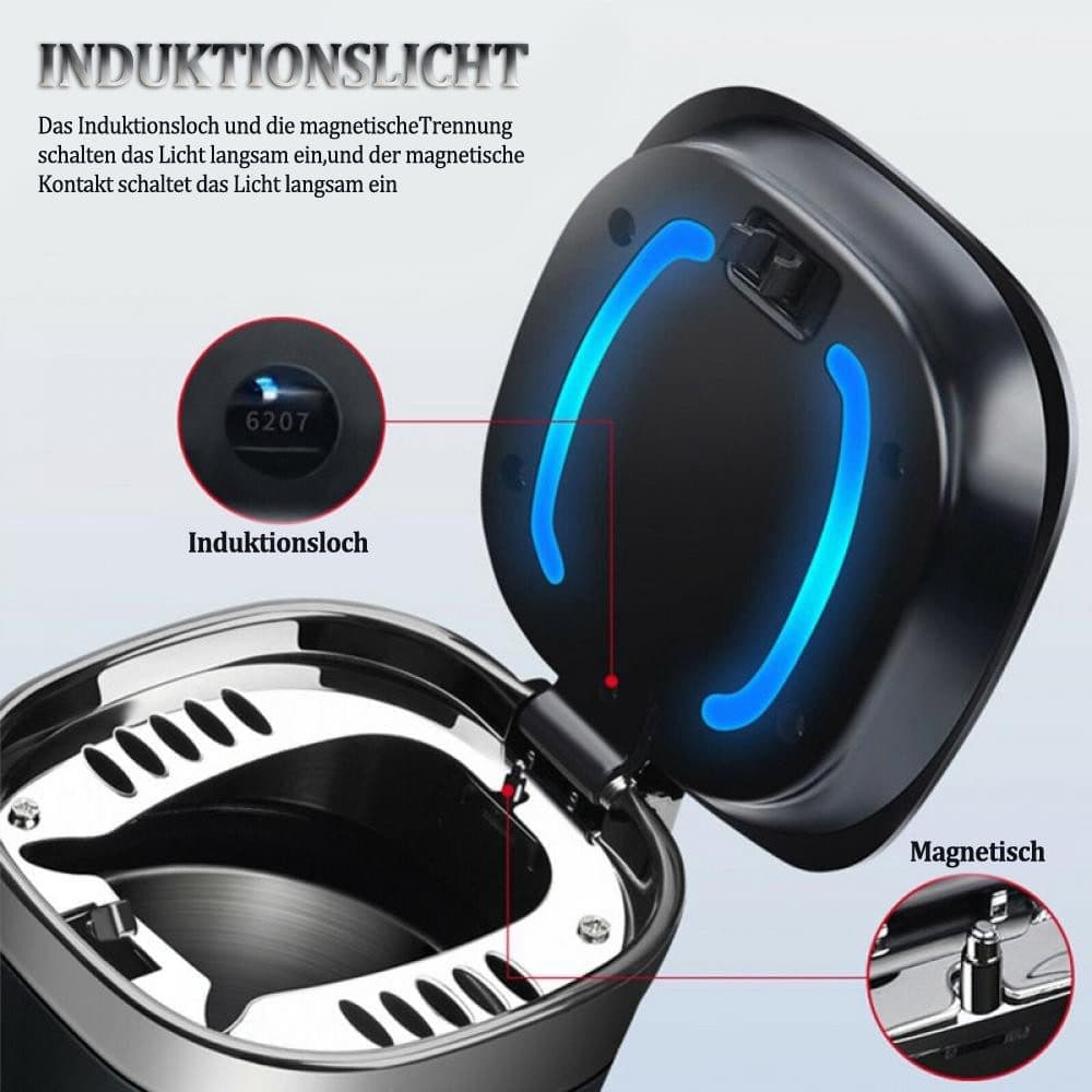 Portable Car Ashtray with Lid, Odorless Automatic Extinguishing & LED Light, Silver