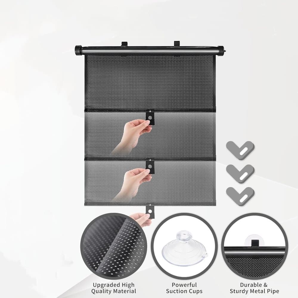 Blackout Curtain with Suction Cups, Removable Window and Car Sunshade, Telescopic Roller Blind, Black and Silver, 40×60cm