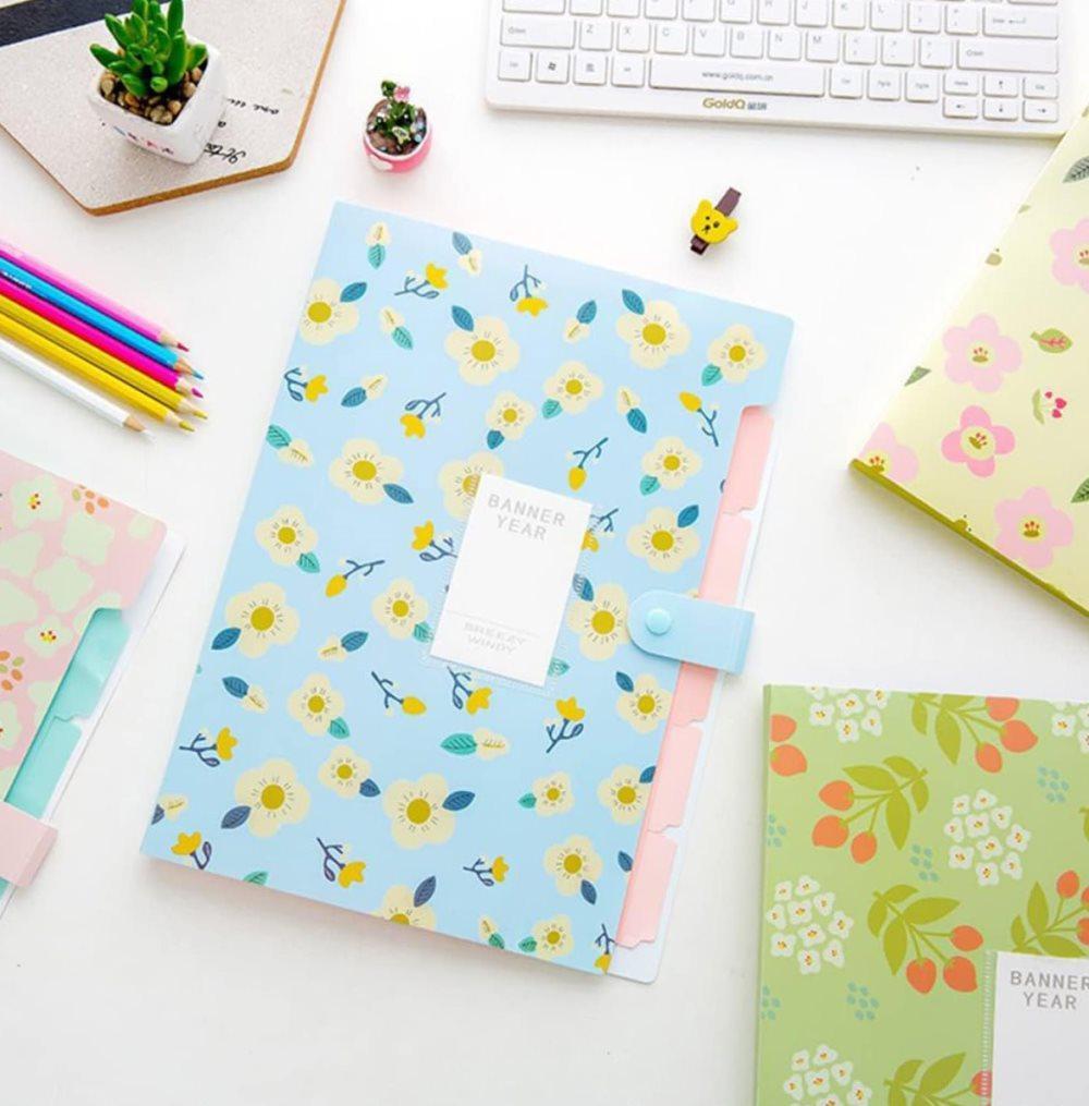8 Compartments A4 Document Folder Waterproof Floral Pattern, with A4 Size, Yellow