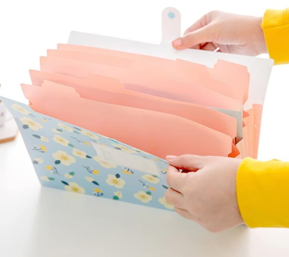 8 Compartments A4 Document Folder Waterproof Floral Pattern, with A4 Size, Yellow
