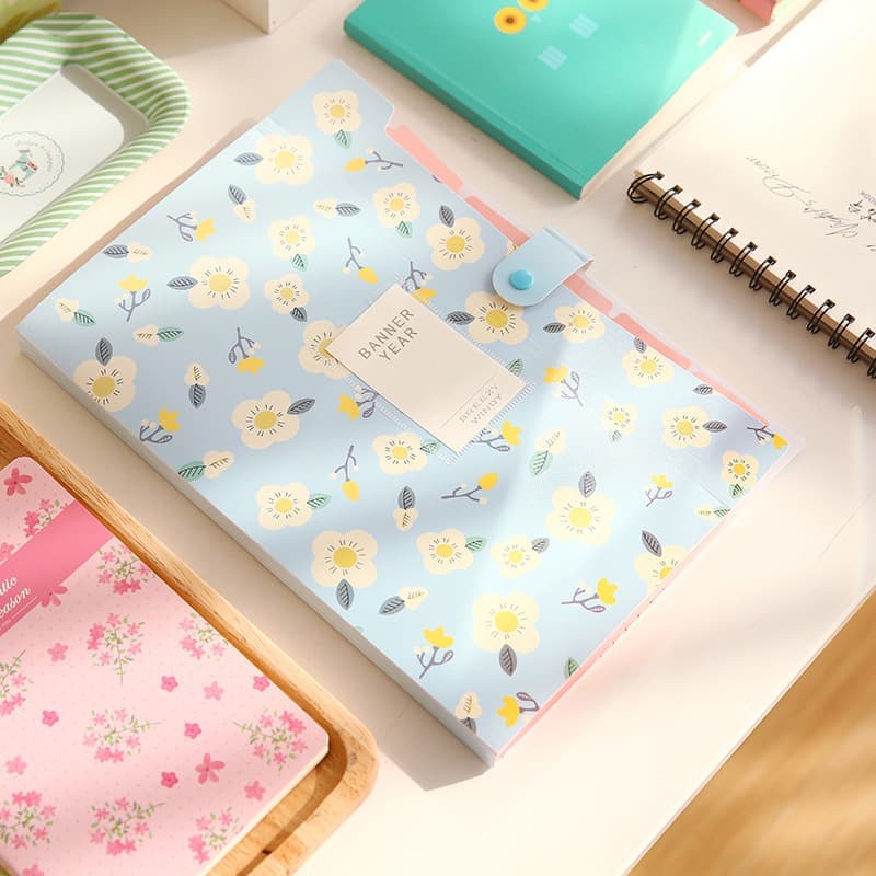 8 Compartments A4 Document Folder Waterproof Floral Pattern, with A4 Size, Yellow