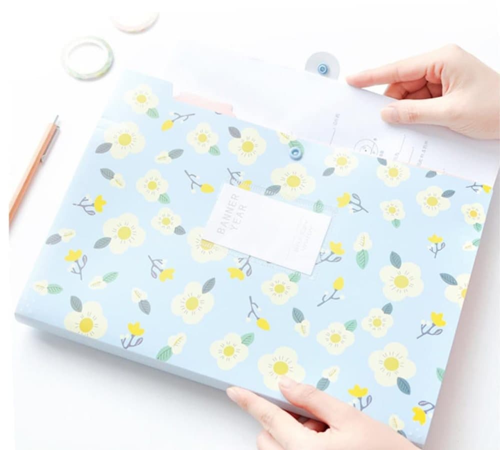 8 Compartments A4 Document Folder Waterproof Floral Pattern, Blue, with A4 Size