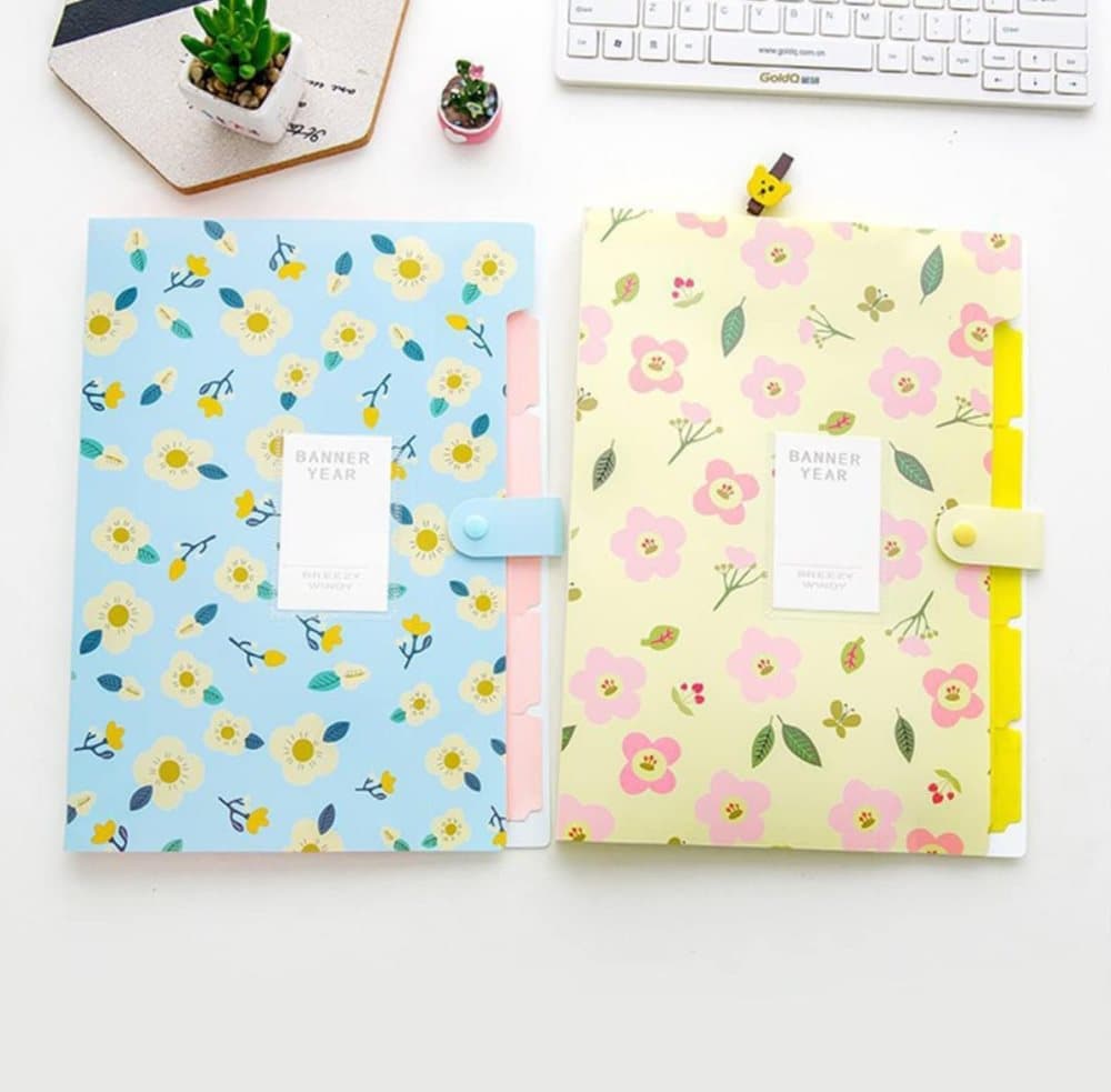 8 Compartments A4 Document Folder Waterproof Floral Pattern, Blue, with A4 Size