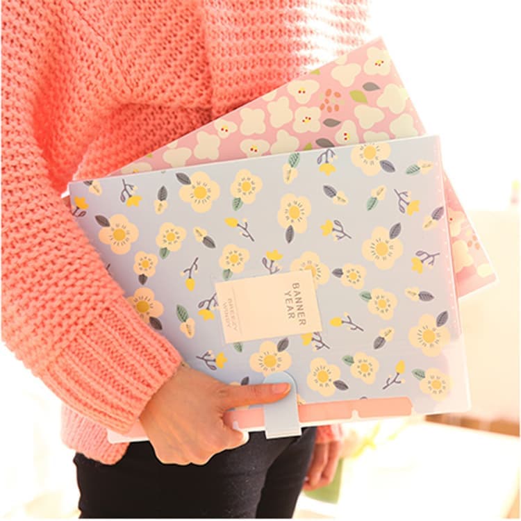 8 Compartments A4 Document Folder Waterproof Floral Pattern, Blue, with A4 Size