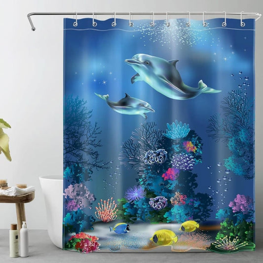 Waterproof Polyester Shower Curtain with Sea Turtle and Dolphin Motif, Mildew Resistant, Dark Blue, 180x200 cm