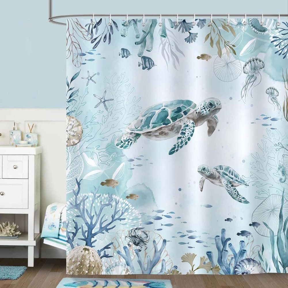 Waterproof Polyester Shower Curtain with Sea Turtle and Dolphin Motif, Mildew Resistant, Dark Blue, 180x200 cm
