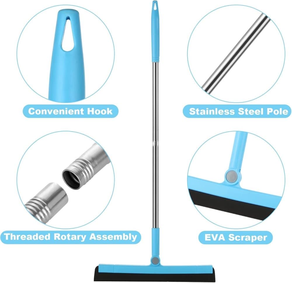 95 cm Water Scraper with Telescopic Handle, Rotatable for Wet and Dry Use, Compatible with Floors, Tiles, Windows and Showers, Blue