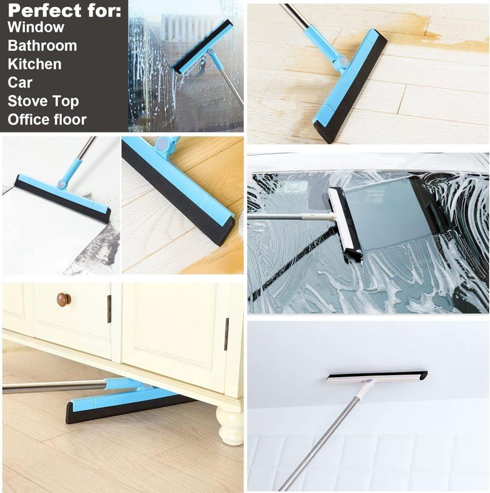 95 cm Water Scraper with Telescopic Handle, Rotatable for Wet and Dry Use, Compatible with Floors, Tiles, Windows and Showers, Blue