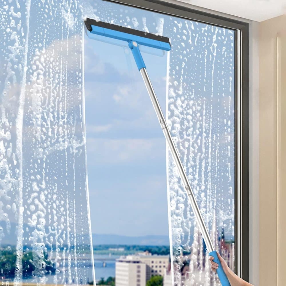 95 cm Water Scraper with Telescopic Handle, Rotatable for Wet and Dry Use, Compatible with Floors, Tiles, Windows and Showers, Blue