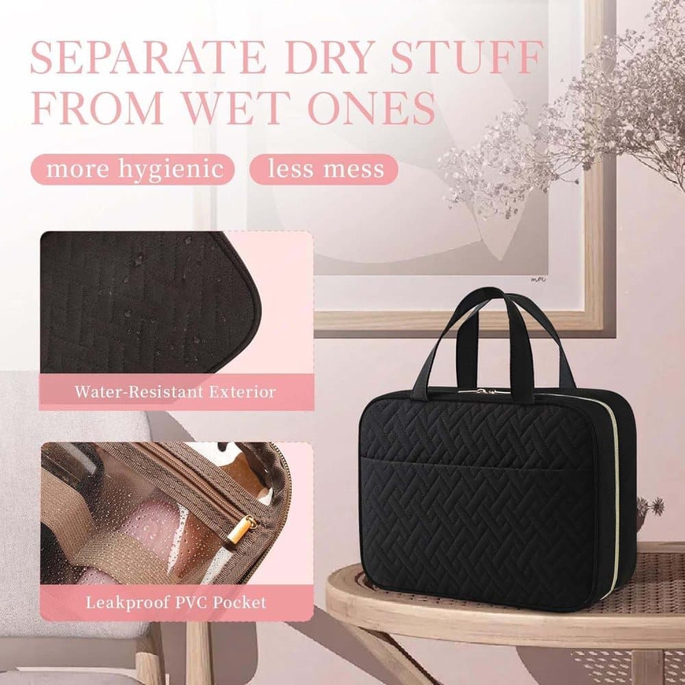 Waterproof Makeup Bag with Hanging Hook, Lightweight Toiletry Bag for Bathroom and Travel, Black