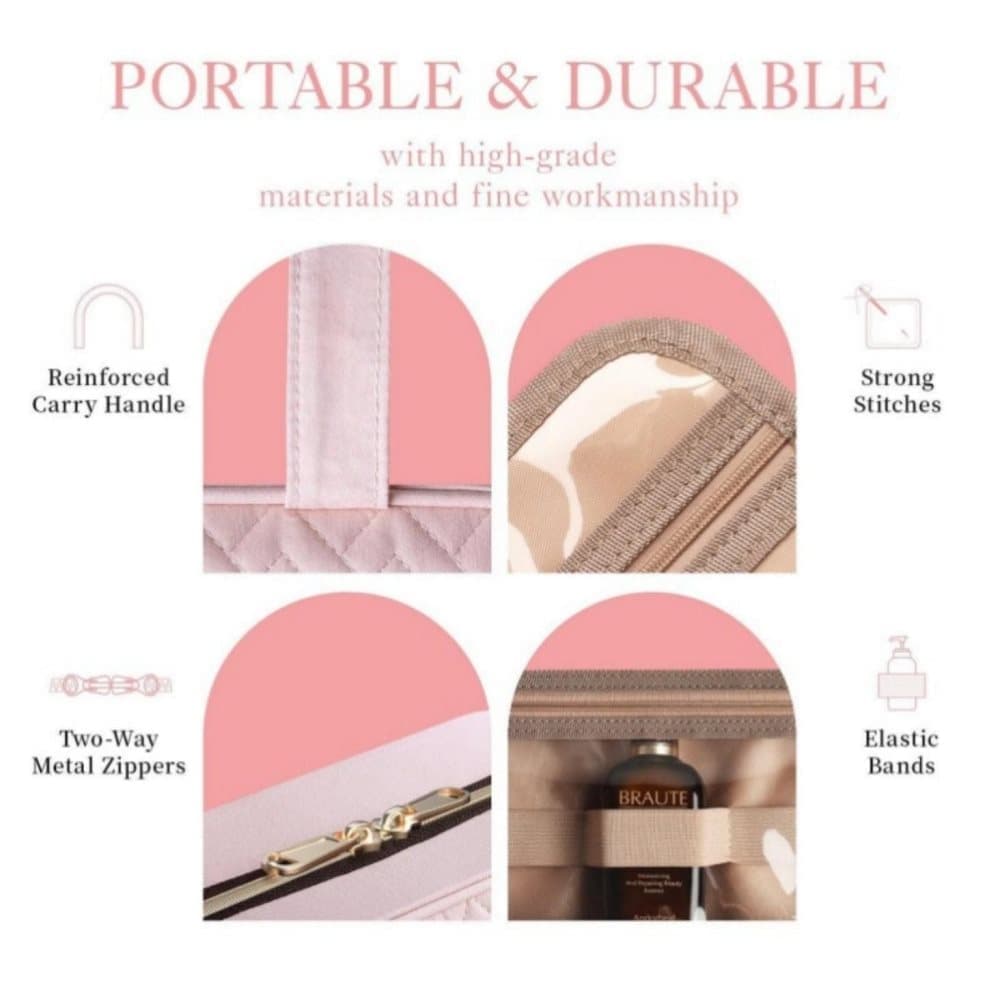 Waterproof Makeup Bag with Hanging Hook, Lightweight Toiletry Bag for Bathroom and Travel, Pink