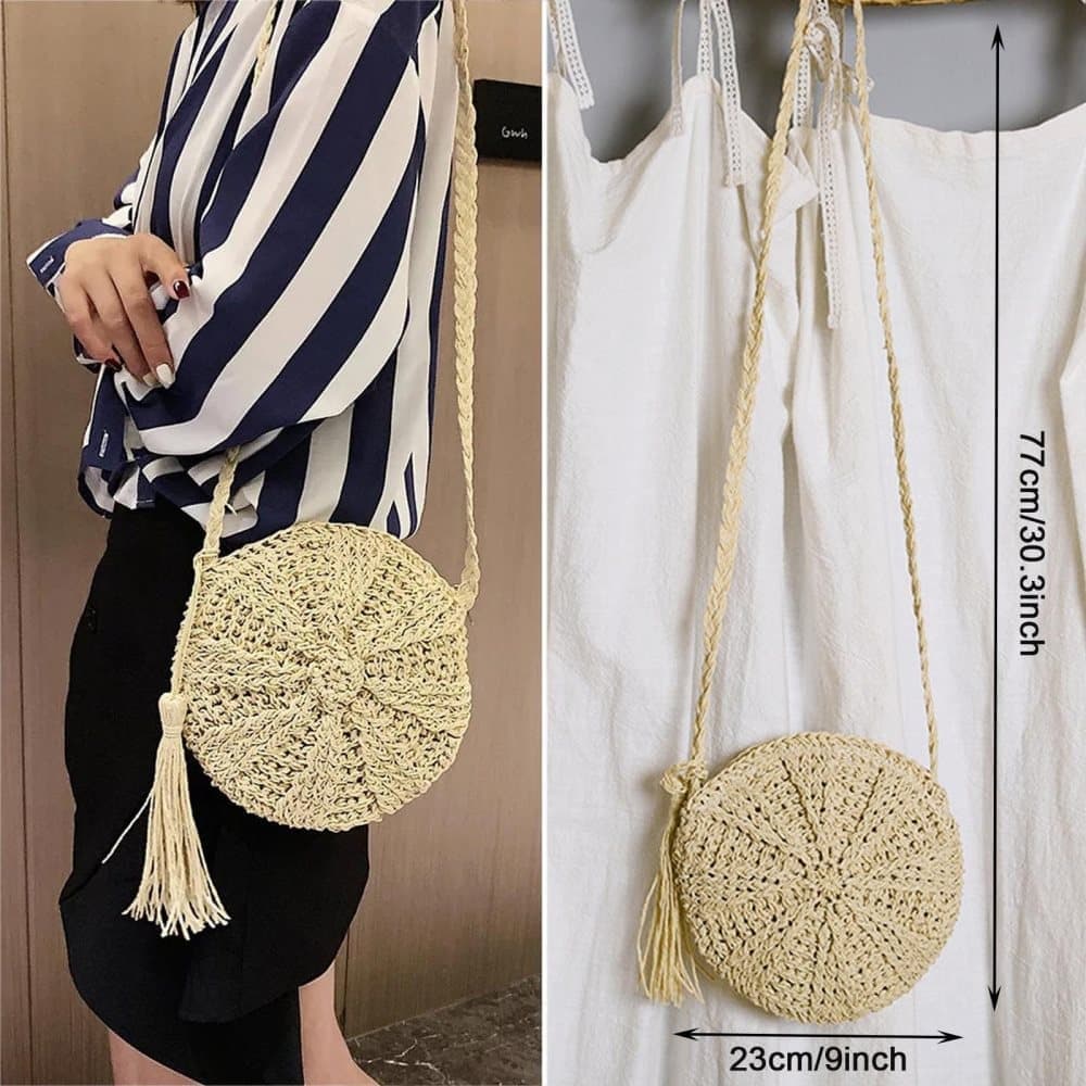 Retro style round straw beach bag, white, perfect for summer