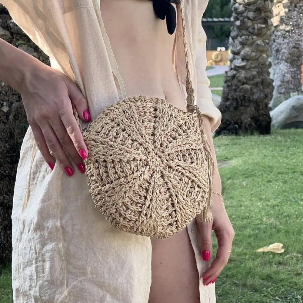 Retro style round straw beach bag, white, perfect for summer
