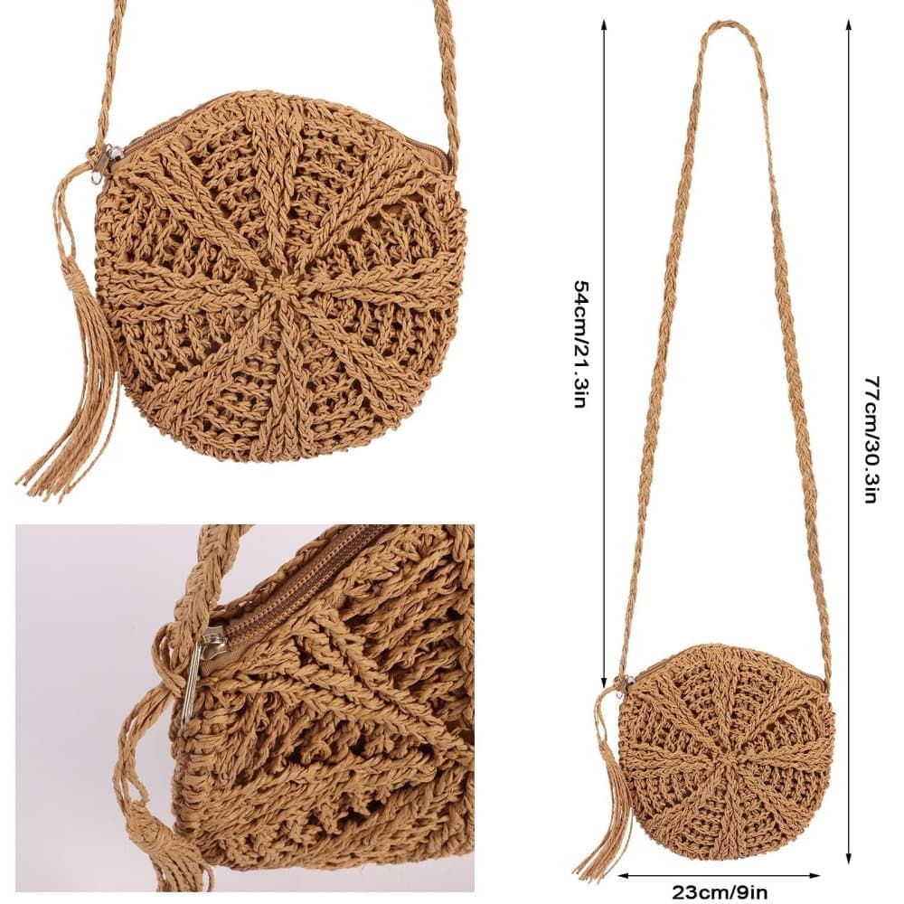 Retro style beach bag round shoulder straw bag for summer, brown, perfect for beach