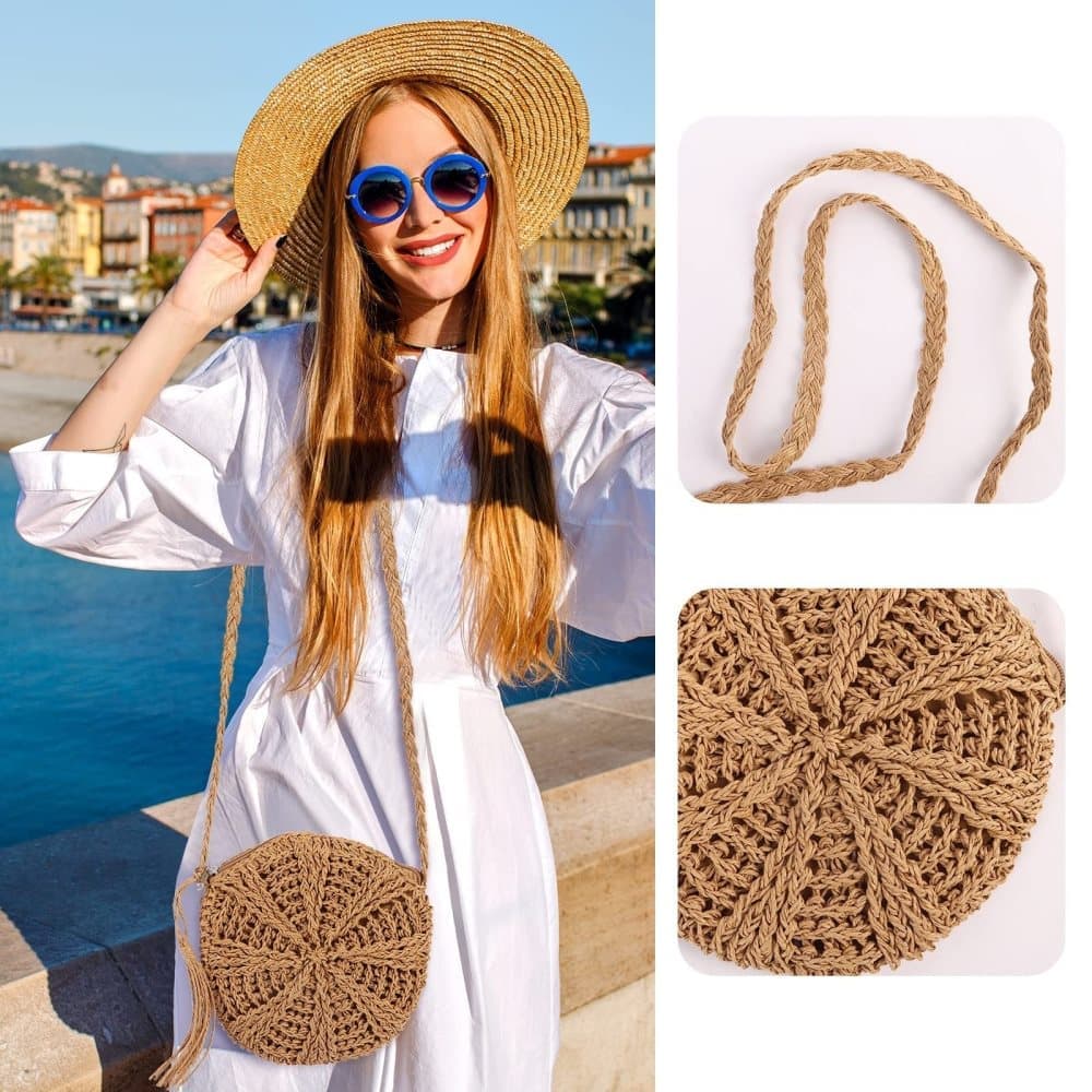 Retro style beach bag round shoulder straw bag for summer, brown, perfect for beach