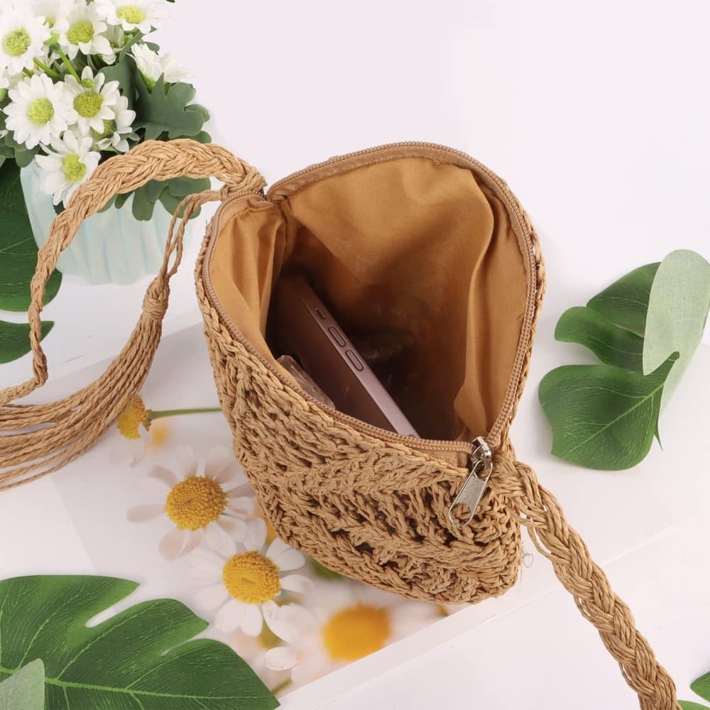 Retro style beach bag round shoulder straw bag for summer, brown, perfect for beach