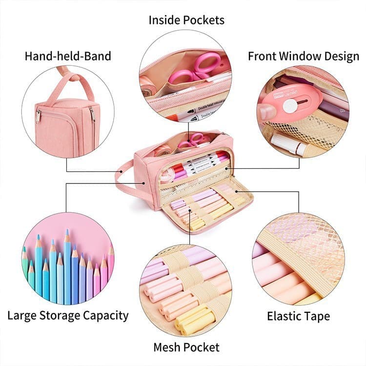 Large Capacity Pencil Case 4 Compartments, Pink/Green/Black, for School Travel Students