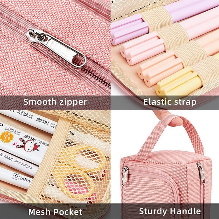 Large Capacity Pencil Case 4 Compartments, Pink/Green/Black, for School Travel Students