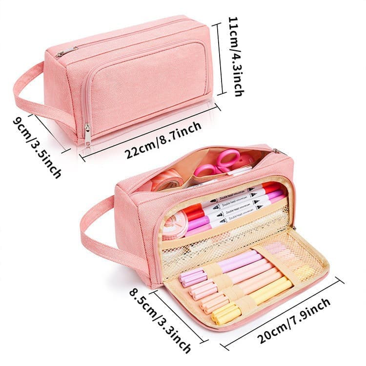 Large Capacity Pencil Case 4 Compartments, Pink/Green/Black, for School Travel Students
