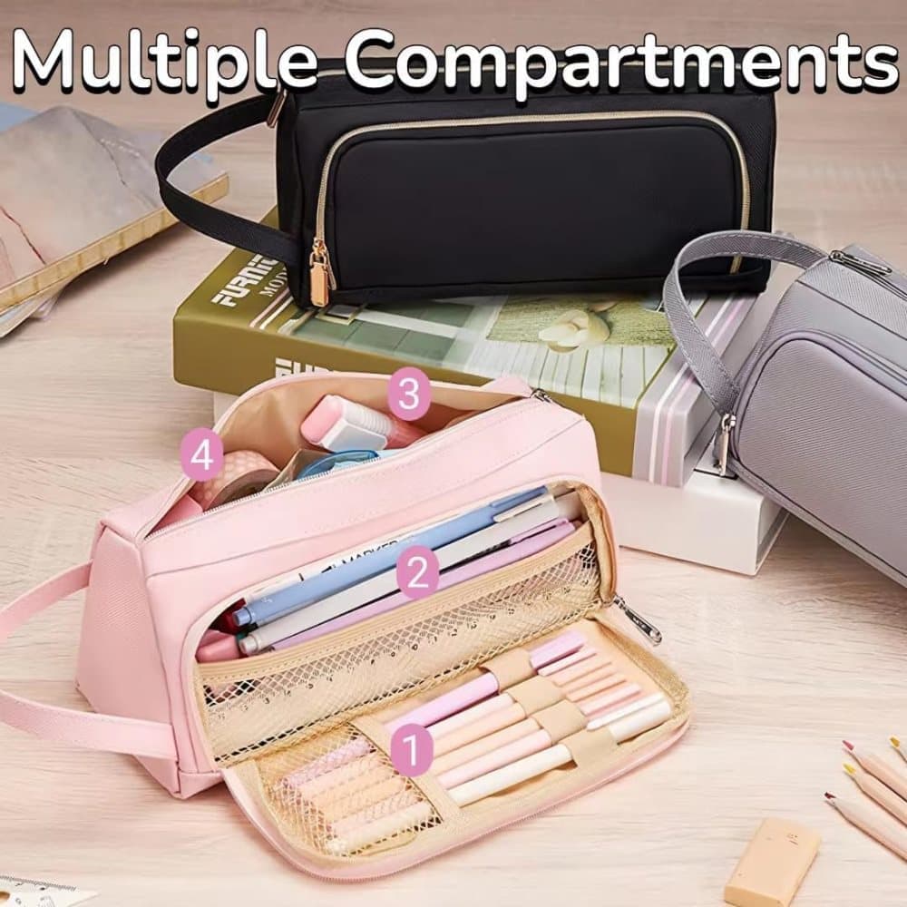 Large Capacity Pencil Case 4 Compartments, Pink/Green/Black, for School Travel Students