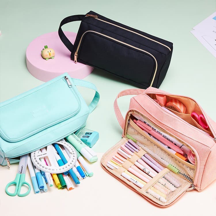 Large Capacity Pencil Case 4 Compartments, Black, Pink, Green, for School Travel, with 4 Compartments