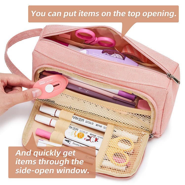 Large Capacity Pencil Case 4 Compartments, Black, Pink, Green, for School Travel, with 4 Compartments