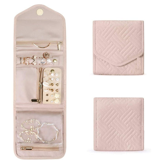 Pink Travel Jewelry Box with Compartments, 15cm, Compact Jewelry Storage Bag Easy to Carry in Your Bag