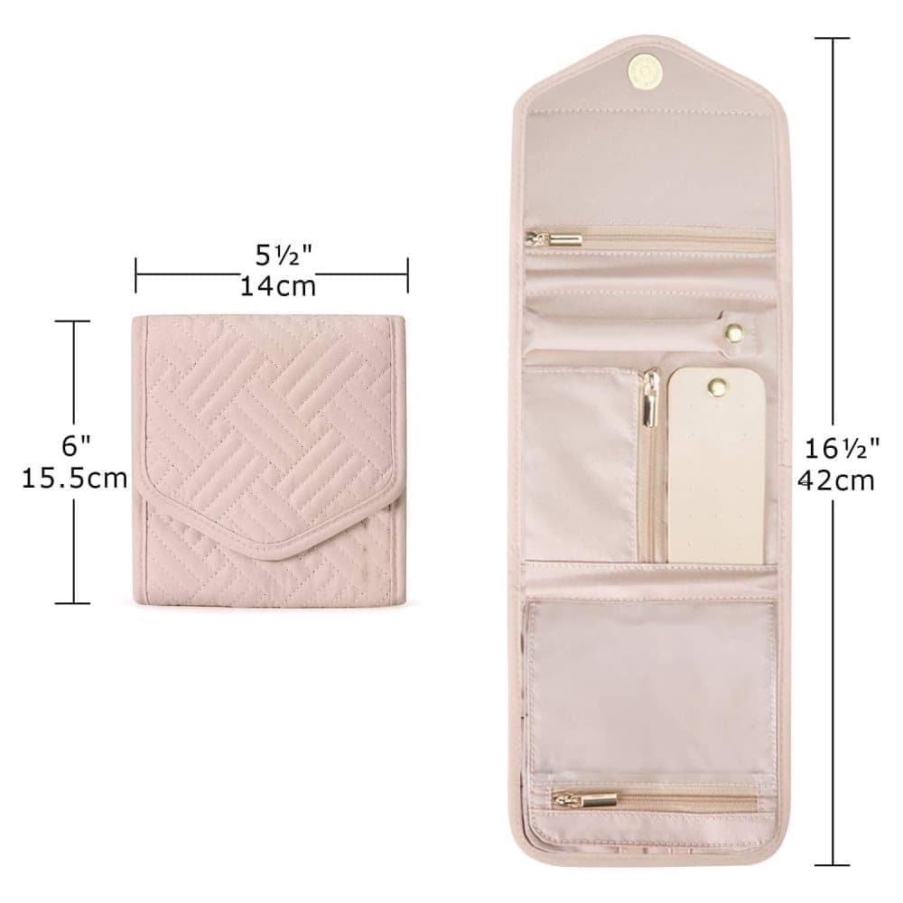 Pink Travel Jewelry Box with Compartments, 15cm, Compact Jewelry Storage Bag Easy to Carry in Your Bag