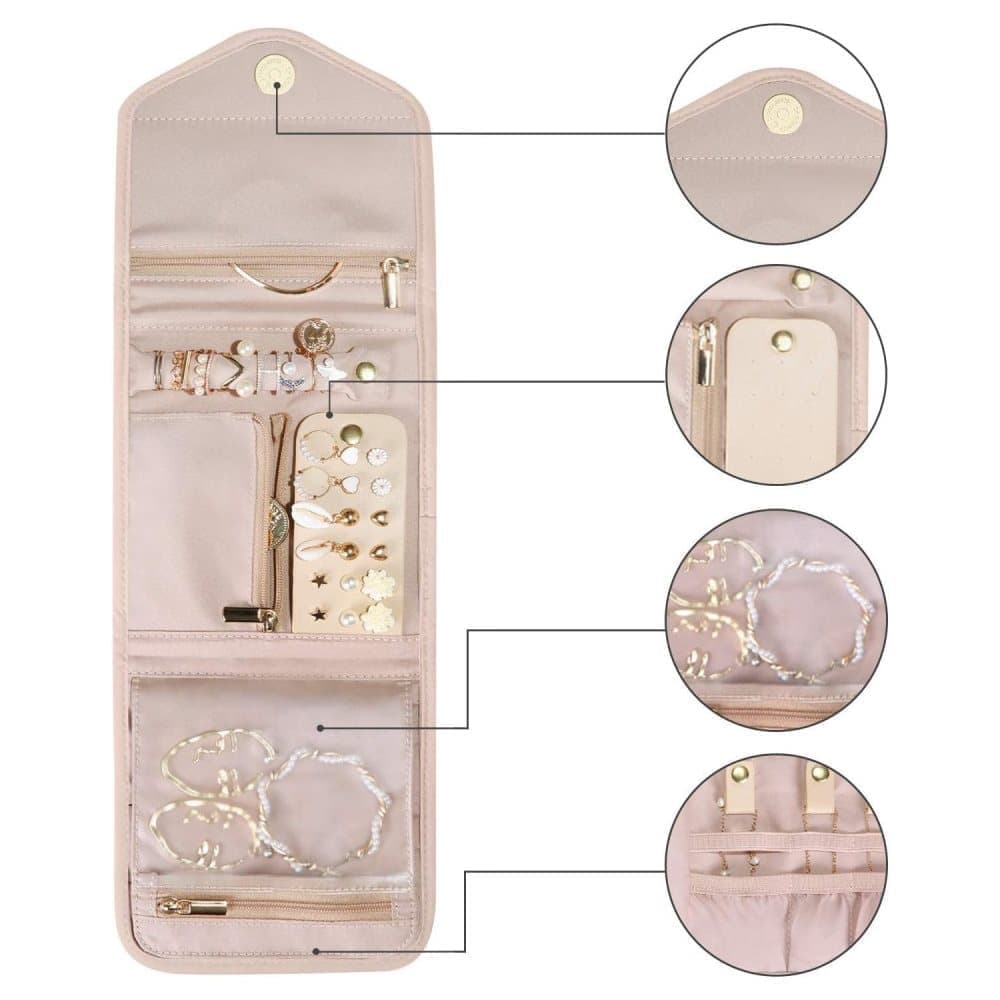 Pink Travel Jewelry Box with Compartments, 15cm, Compact Jewelry Storage Bag Easy to Carry in Your Bag
