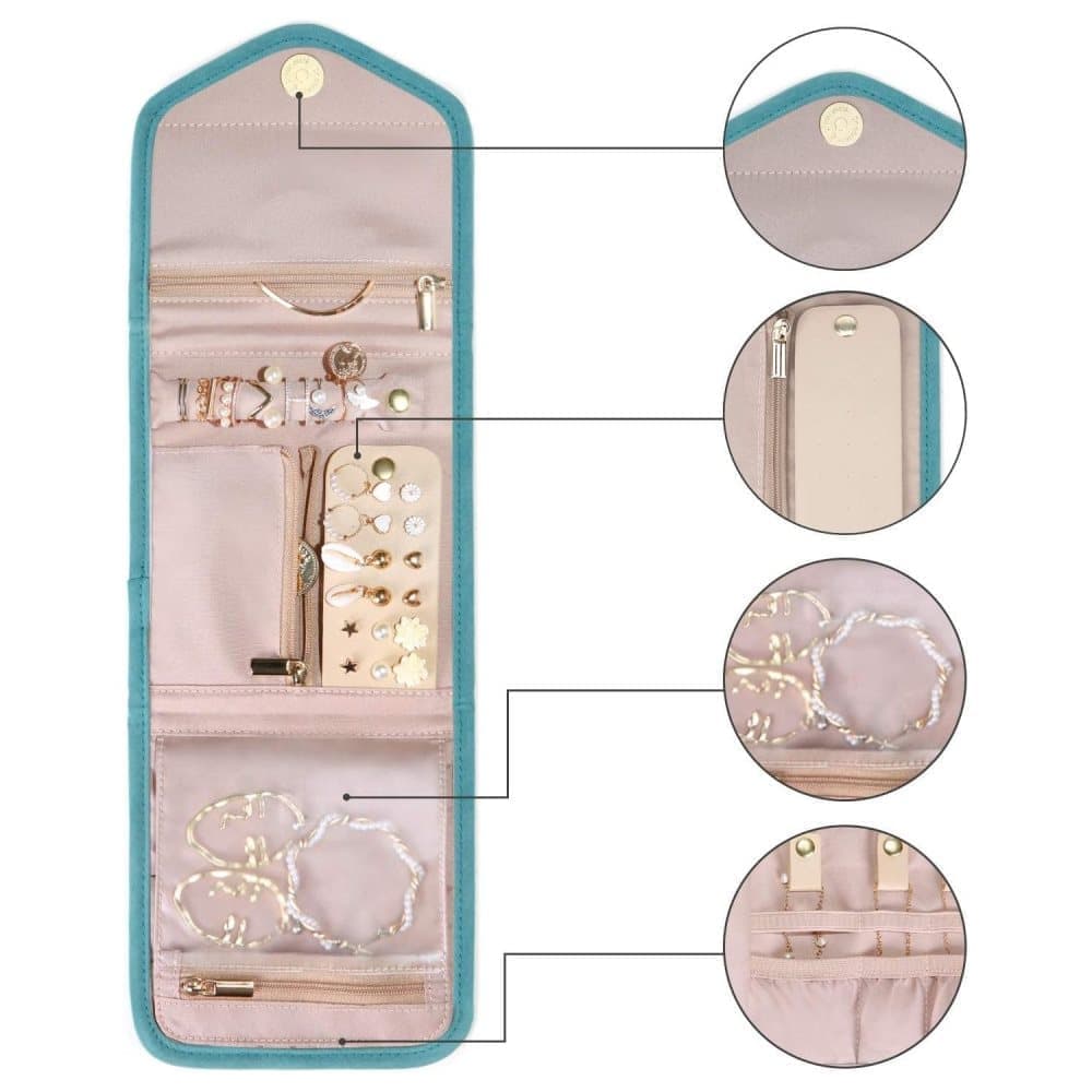 15cm Travel Jewelry Box with Compartments, Dark Blue Compact Jewelry Storage Bag Easy to Carry in Your Bag