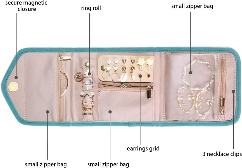 15cm Travel Jewelry Box with Compartments, Dark Blue Compact Jewelry Storage Bag Easy to Carry in Your Bag