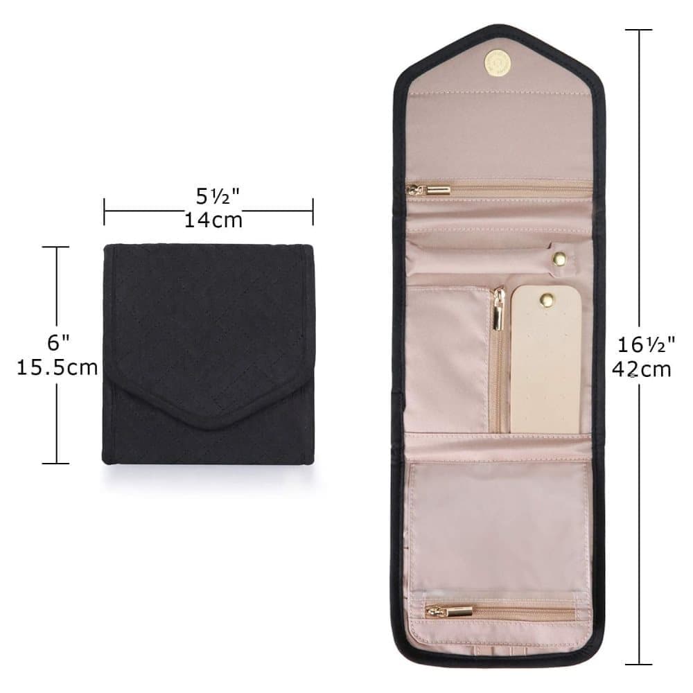 Travel Jewelry Box Compact Jewelry Storage Bag with Compartments for Easy Carry, 15cm, Black