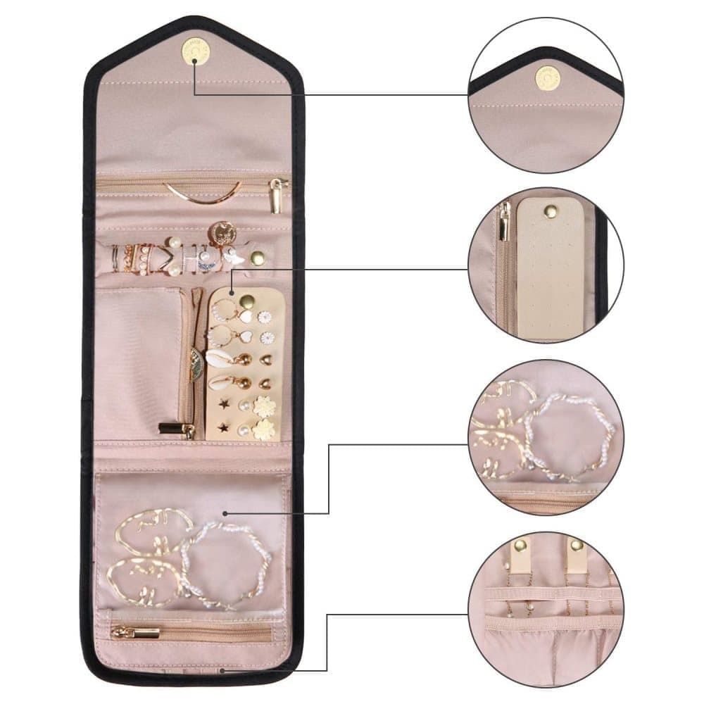 Travel Jewelry Box Compact Jewelry Storage Bag with Compartments for Easy Carry, 15cm, Black