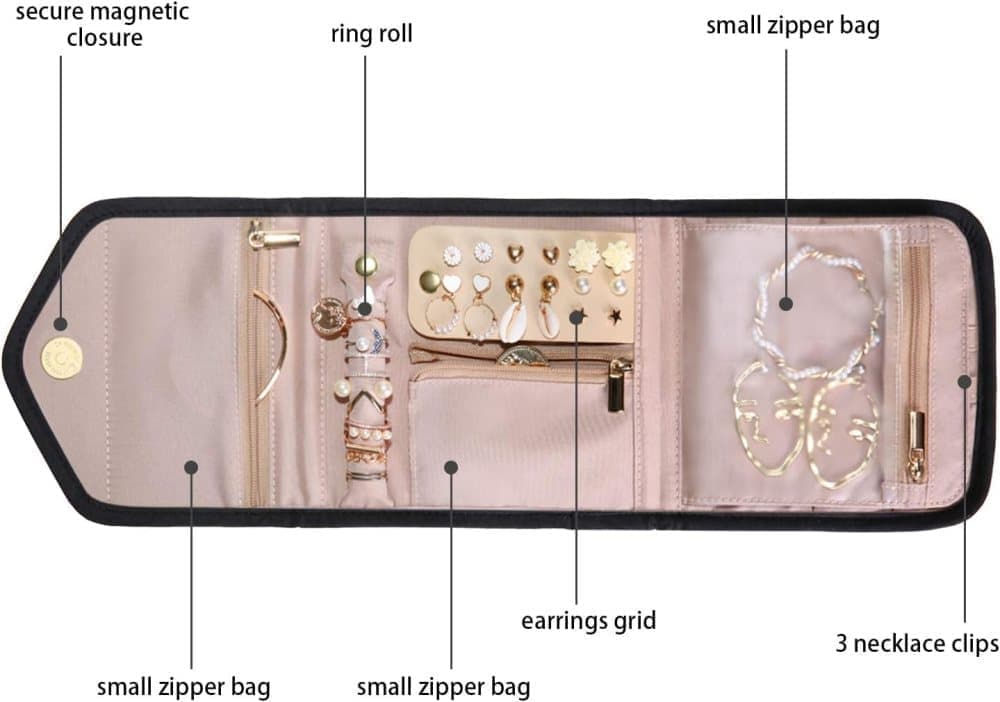 Travel Jewelry Box Compact Jewelry Storage Bag with Compartments for Easy Carry, 15cm, Black